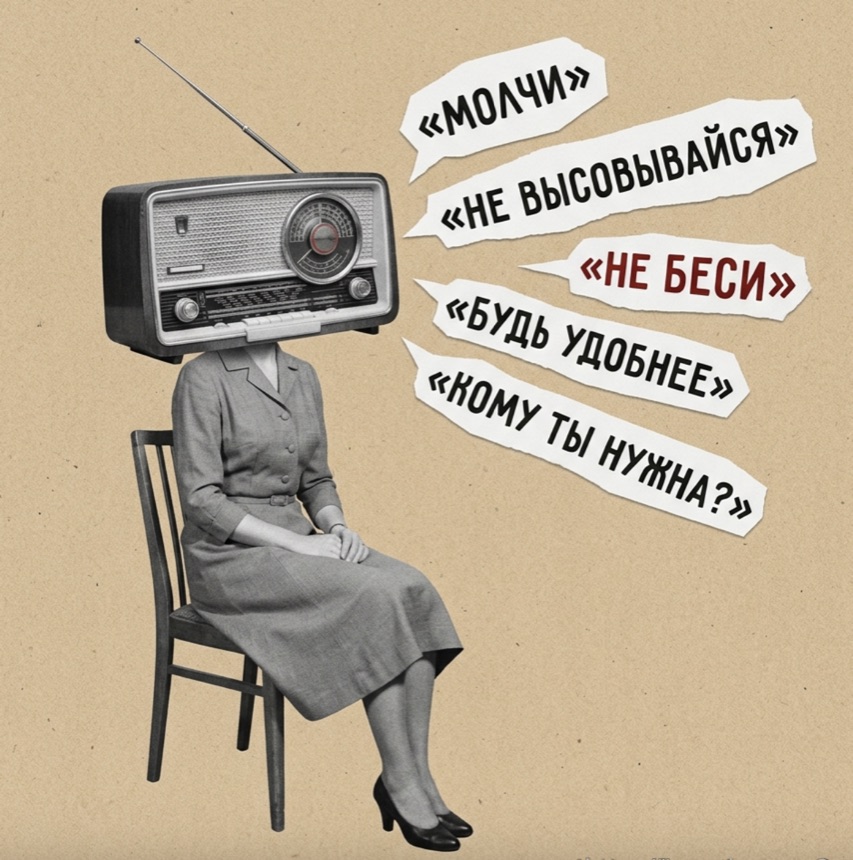 Женщина с радио вместо головы и голоса из прошлого: «молчи», «не высовывайся», «не беси», «будь удобнее», «кому ты нужна?»